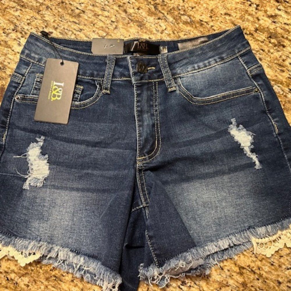 Dark Washed Frayed Jean Shorts with Crochet Detail  (2)  4063  NWT Boutique